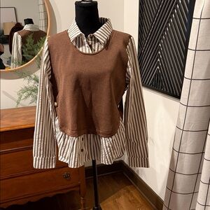 Fate Brown Knit Vest Over Striped Button-Up large